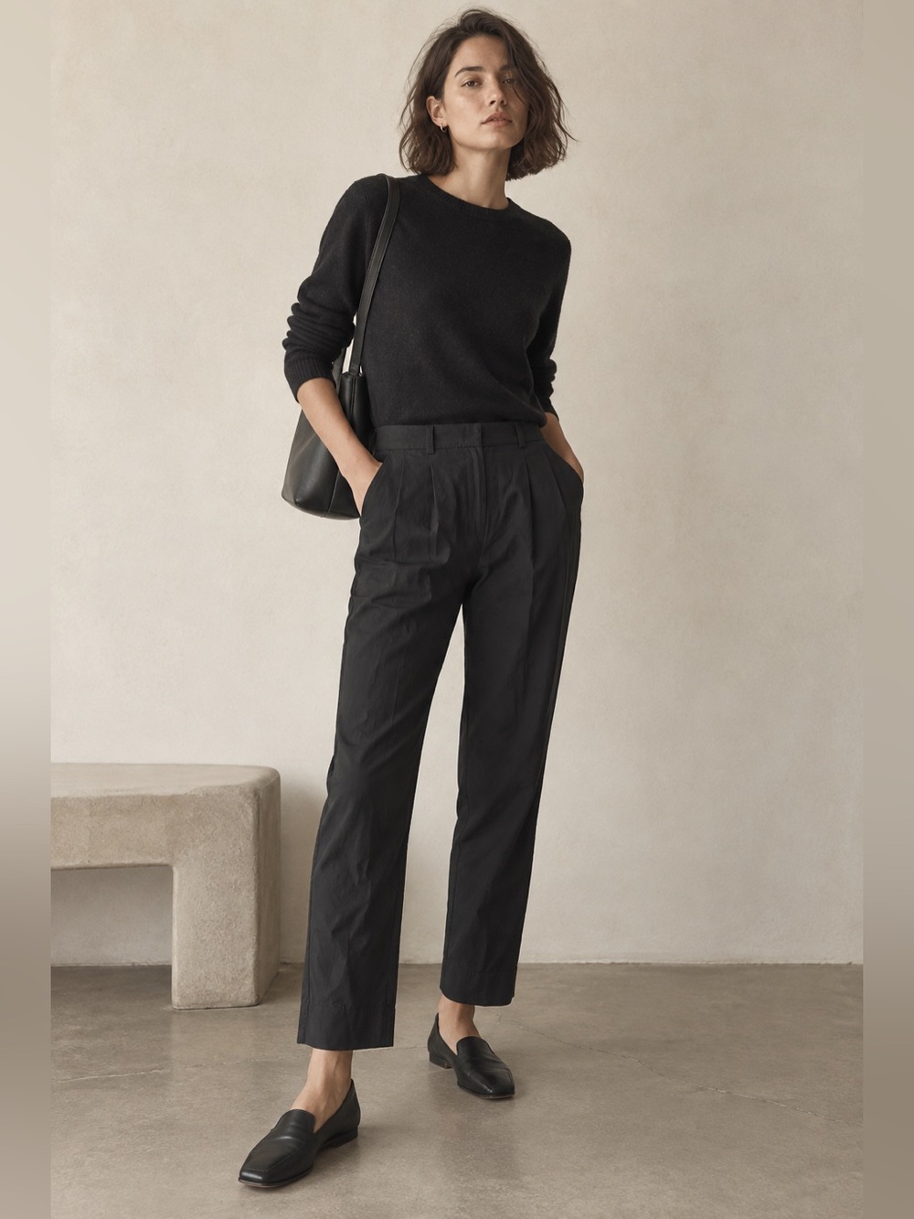 Everlane Black High-Rise Pleated Trousers Cotton Tencel Tapered Barrel Sz 6